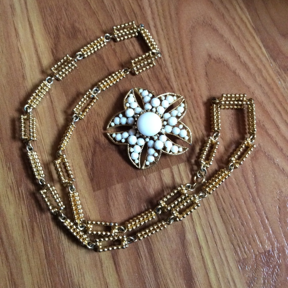 BSK signed White Flower Brooch + Necklace